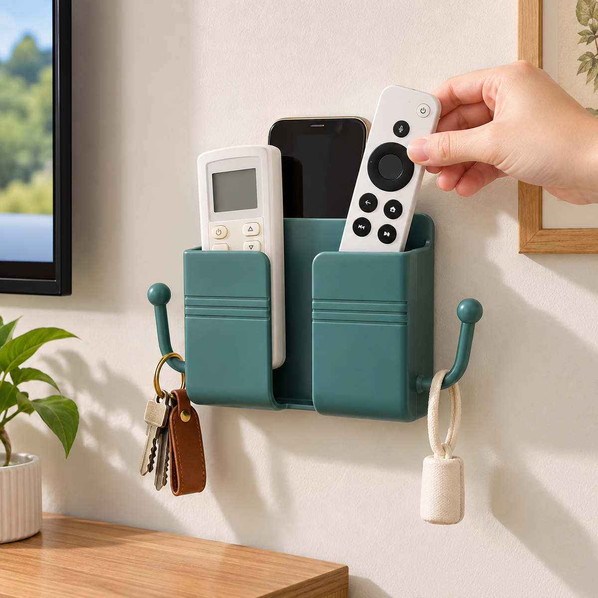 Green Wall-Mounted Phone and Remote Control Organizer