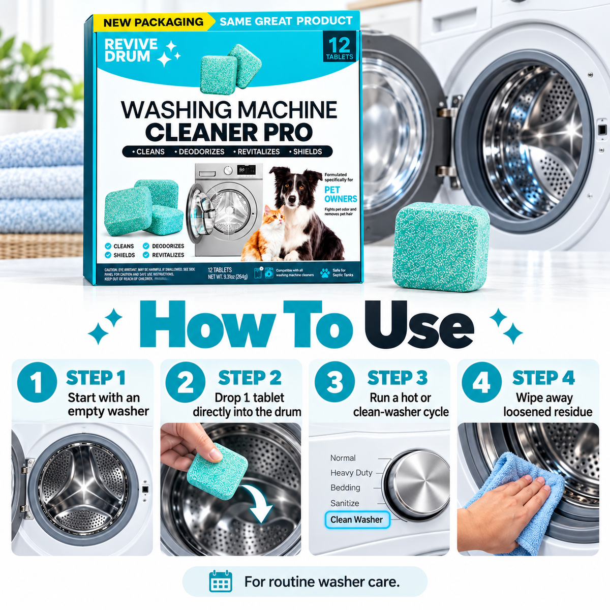 Washing machine internal cleaning and routine washer care